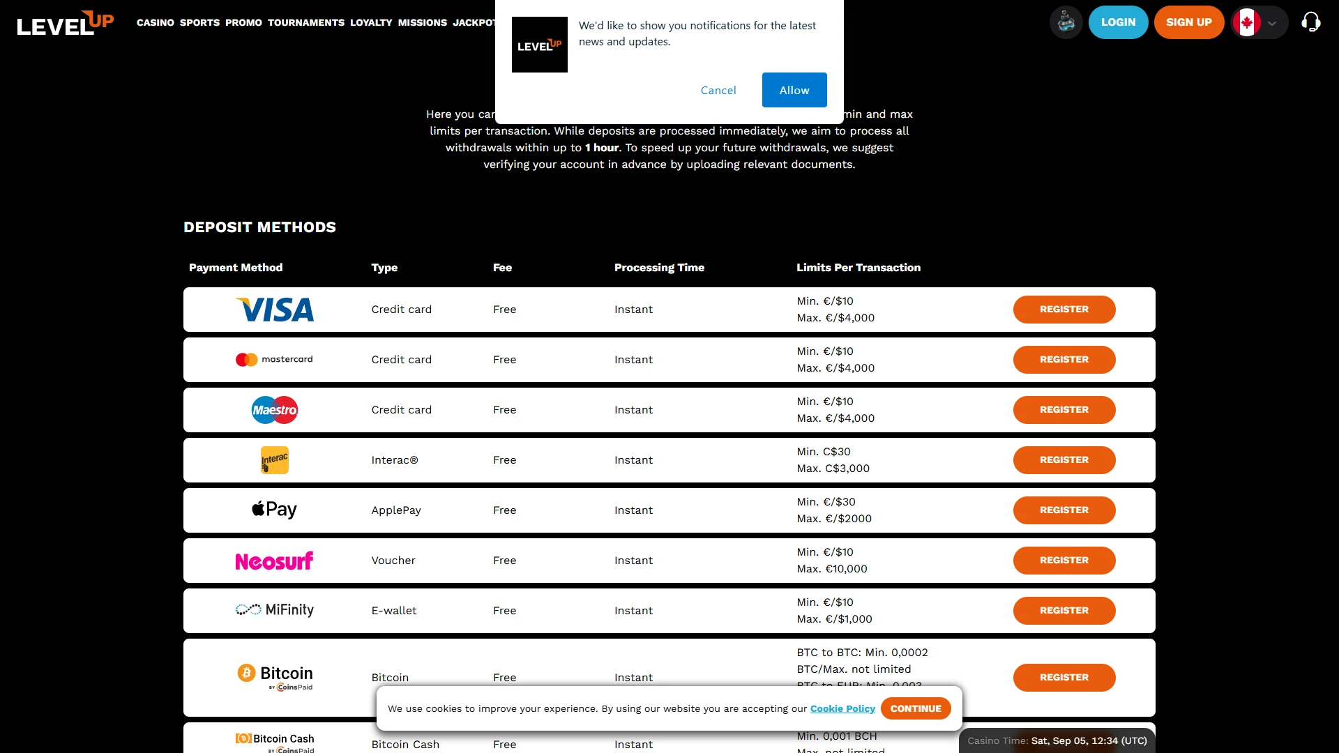 Level Up payment methods